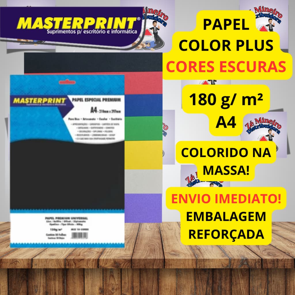 Papel Colorplus 180g Cores Escuras A4 Masterprint - Preto Verde Vermelho Azul Roxo Ouro Cinza
