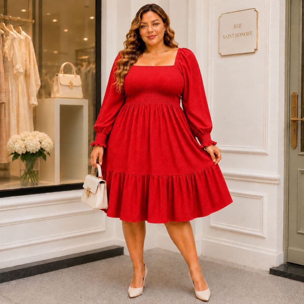 Vestido vermelho feminino plus size romantico soltinho manga longa elegante modelo inverno G GG G1 G2 G3