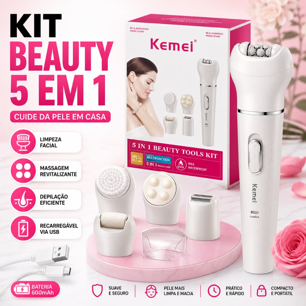 Depilador Elétrico Feminino Kemei 5 em 1 Recarregável USB Facial Corporal com Acessórios IPX4