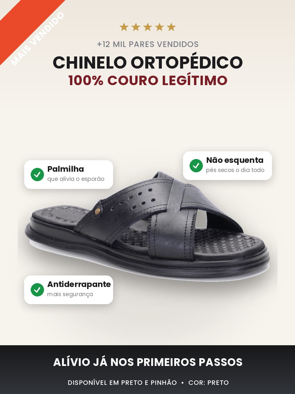 Sandália Franciscana Masculina em Couro Legítimo Anti-Stress Confortável para Dia a Dia