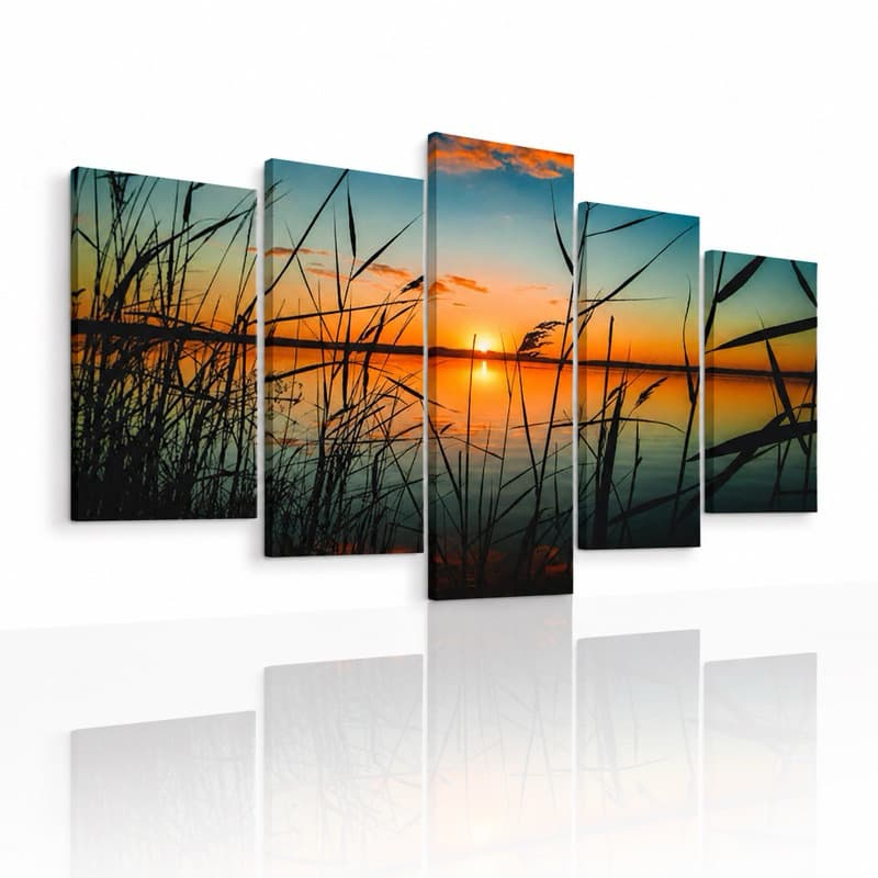 Quadro Decorativo Mosaico 5 Peças Fim Tarde No Lago Full HD