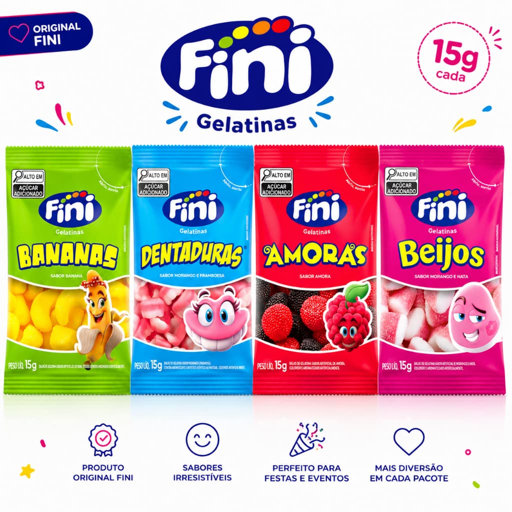 Kit 60 Bala Fini Gelatinas 15g Sabores Variados Bananas Amoras Beijos Dentaduras Festa