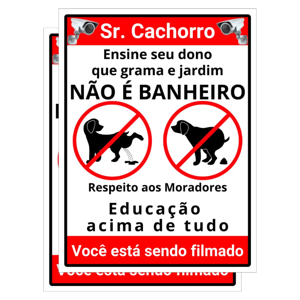 Kit 2 Placas Sinalização Advertencia Monitoramento Cachorro Animais Grama e Jardim Filmagem 24 Horas
