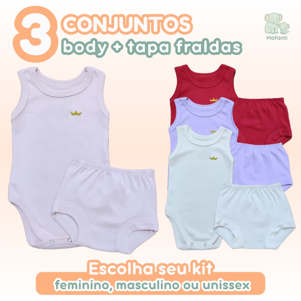 Kit 3 Conjuntos Body + Tapa Fralda Bebê Verão Calor Liso 100% Algodão 6 Peças Feminino Masculino Unissex Zuraffa Baby