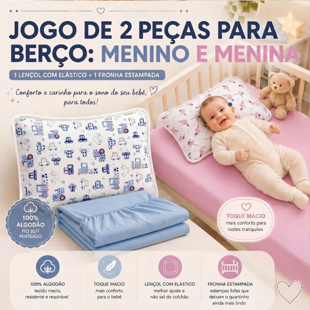 Jogo Berço Infantil 2 Peças Lençol Liso Elástico + Fronha Estampada 100% Algodão Menino E Menina