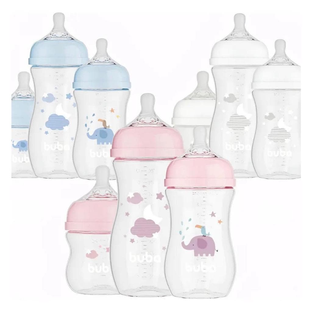 Kit 3 Mamadeiras Buba Easy Flow Anticólica 180ml 270ml 330ml Bico Silicone Livre BPA Bebê Recém Nascido