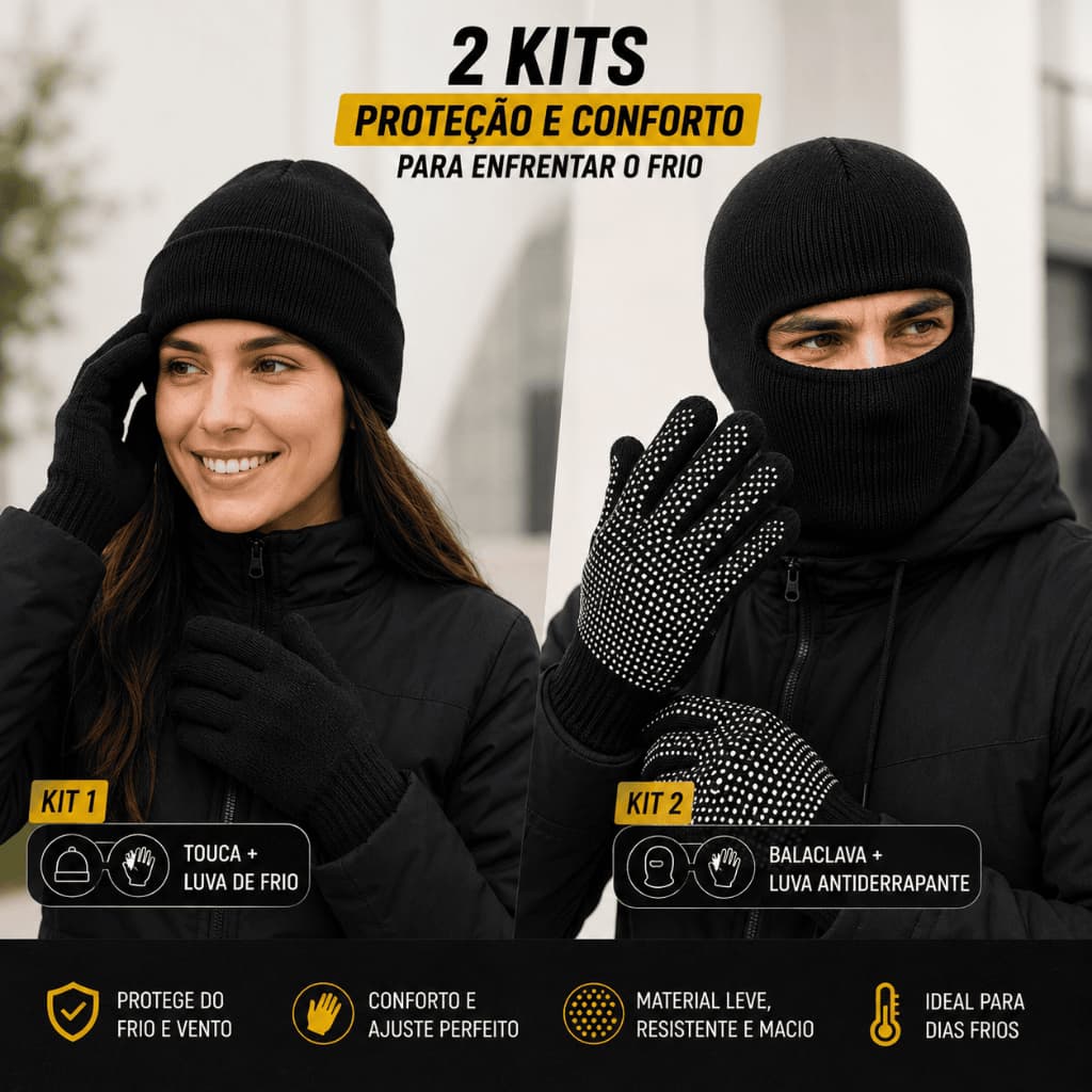 Kit Touca Balaclava de Inverno + Luva Antiderrapante Unissex Gorro Térmico para o Frio