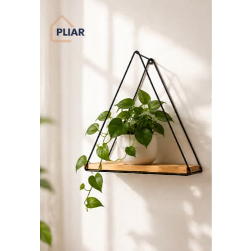 Nicho Triangular Decorativo de Parede com Madeira e Estrutura Metálica para Plantas e Decoração