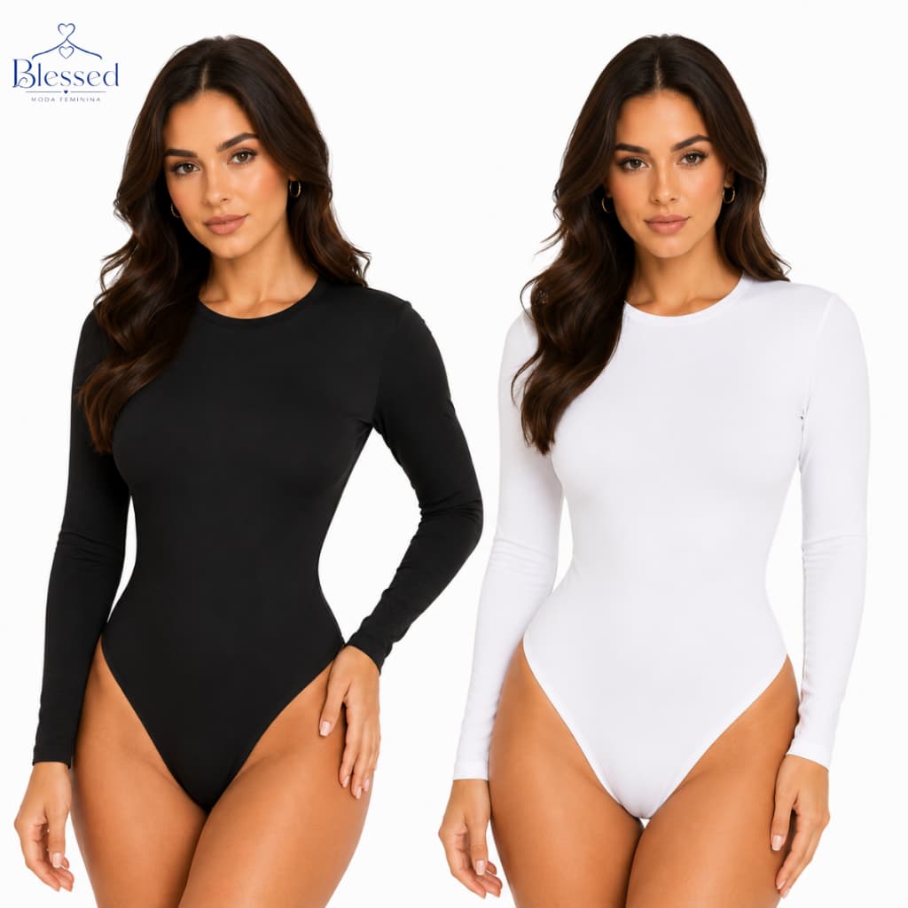 Kit 2 Body Feminino Gola Careca Manga Longa Segunda Pele