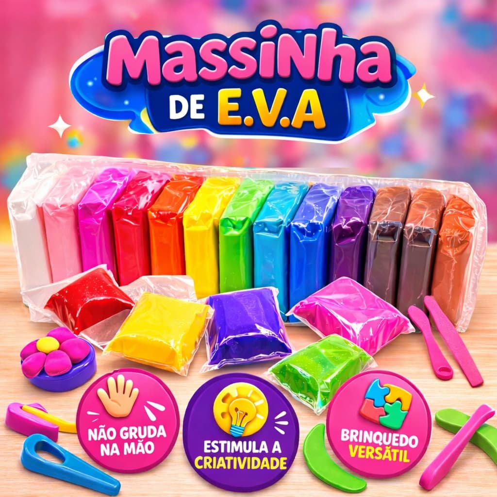 Kit 12-96 Massinha Argila Pula Pula de E.V.A Super Leve Incluso 3 Ferramentas Brinquedos Educativos