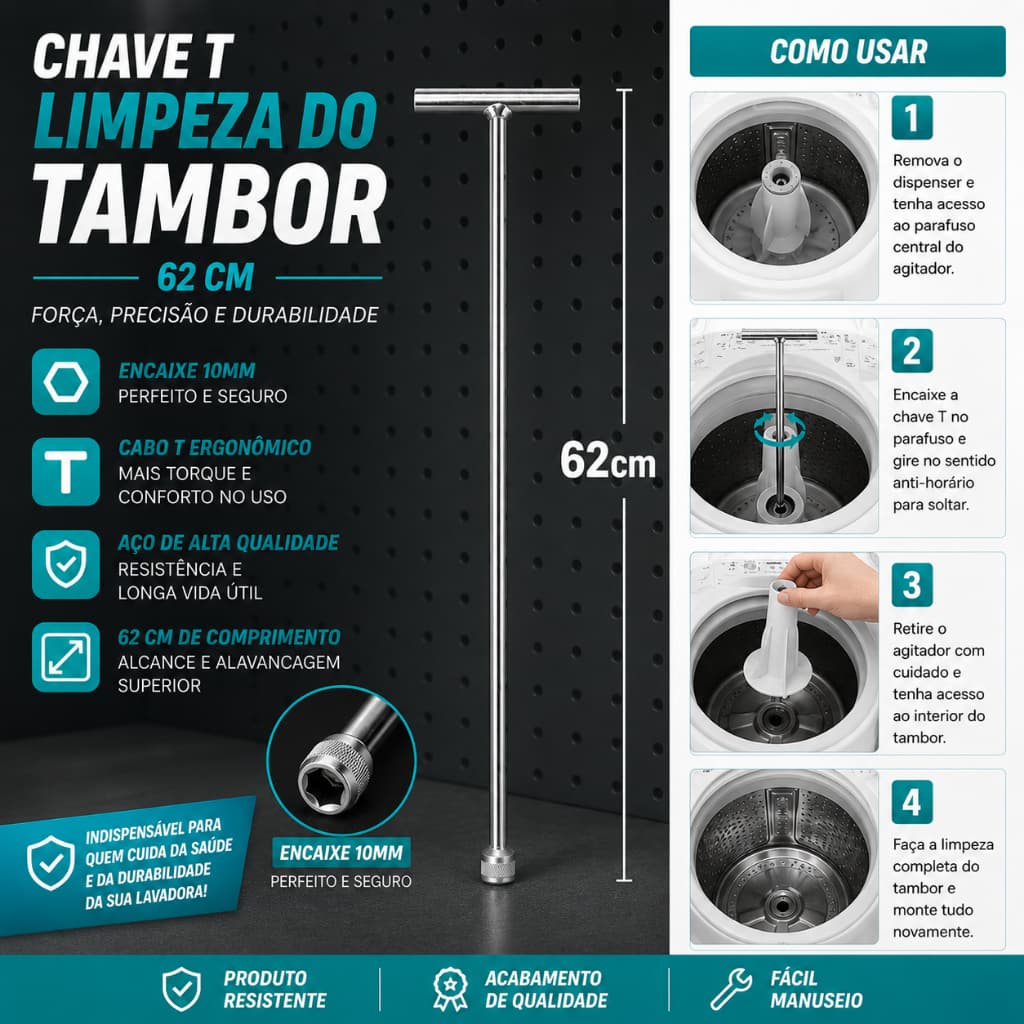 Chave T Longa 10mm 62cm para Remoção do Parafuso do Agitador de Máquina de Lavar