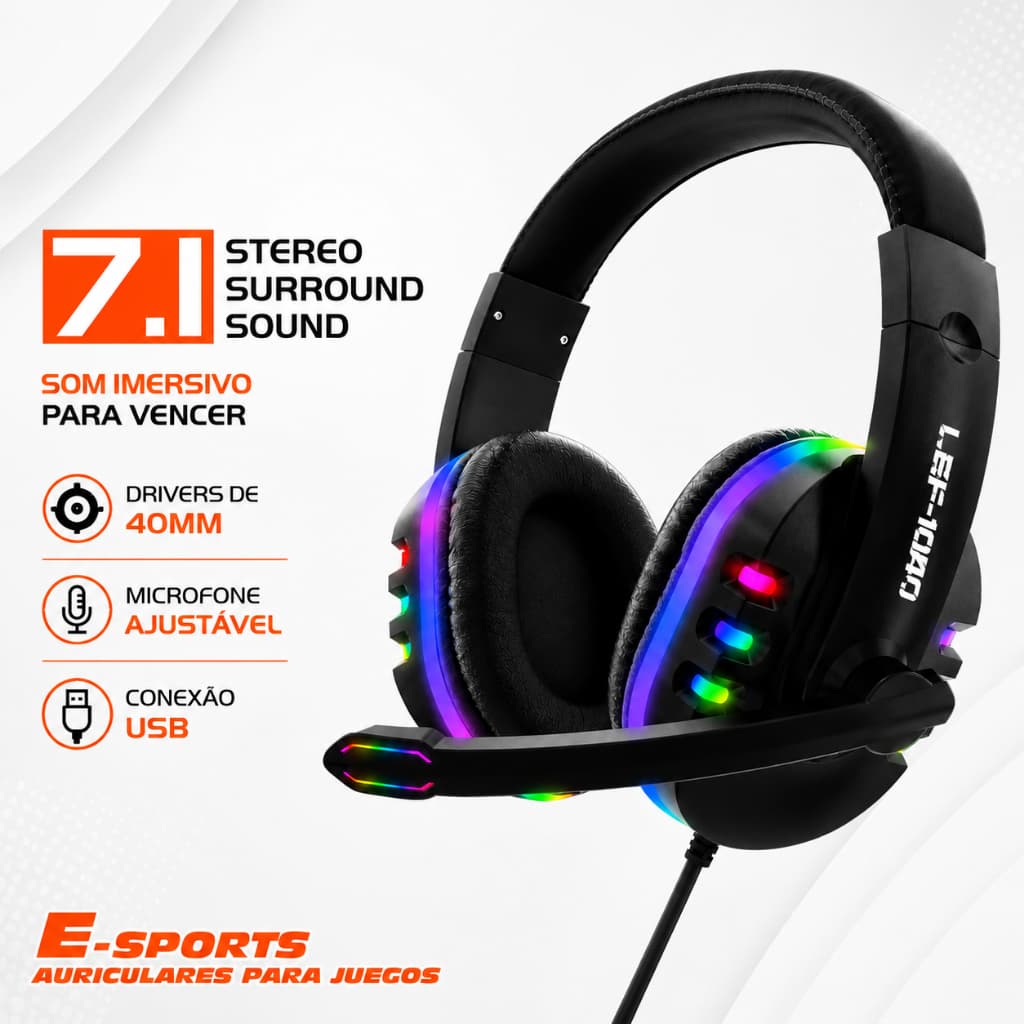Headset Gamer USB 7.1 Surround LEF-1040 Microfone Ajustável LED RGB Som Estéreo PC Notebook PS4 PS5