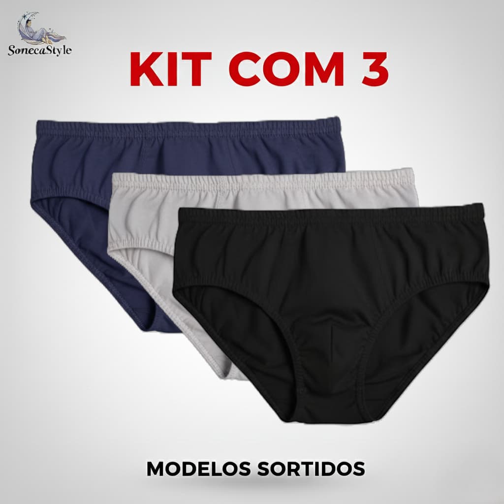 Kit 3 Cuecas Slip Algodão 100% Conforto Durabilidade Antialérgico