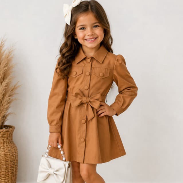 Vestido Infantil Feminino Couro Sintético Camel com Laço na Cintura