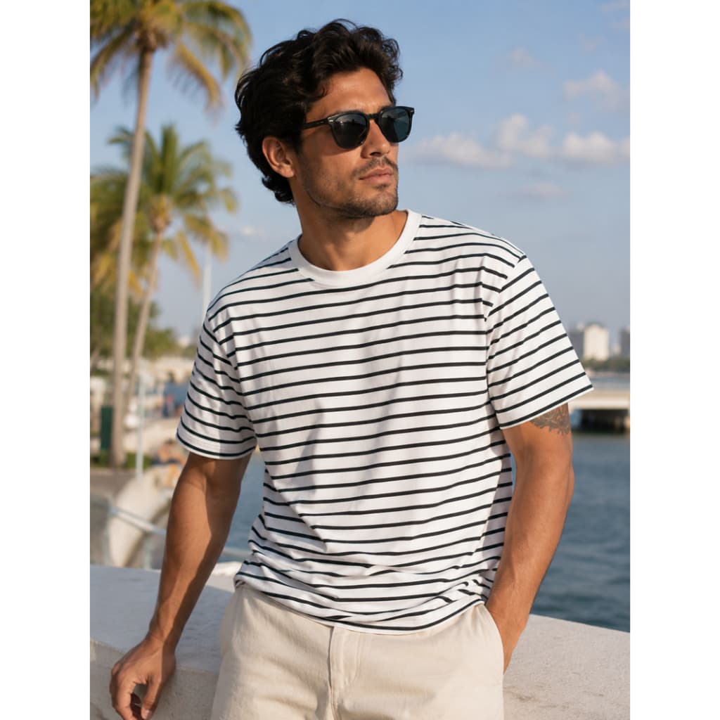 Camiseta Listrada Masculina Básica,Casual e Versátil para Verão e Trabalho