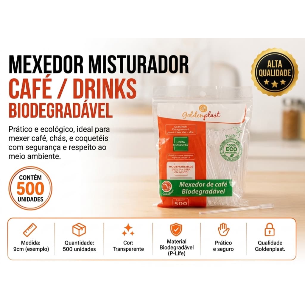 Mexedor Misturador para Café  Drinks Goldenplast Biodegradável Cristal 500 Unidades Festas