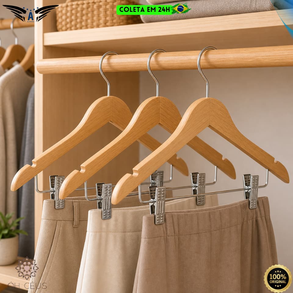 Kit 3 Cabides de Madeira com Presilhas para Calças Bermudas Saias Guarda-Roupa Closet