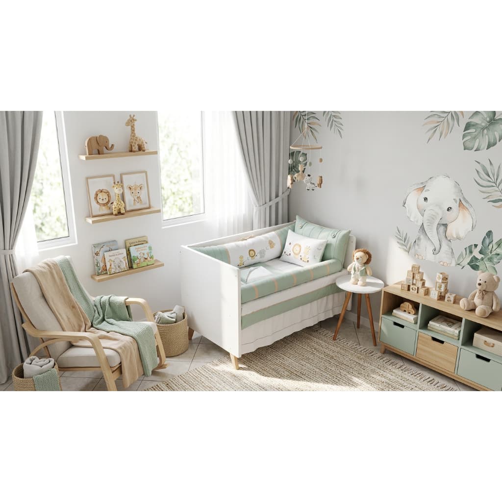 Kit Berço Americano Bordado Friends Safari 10 Peças Verde Erva Doce com Branco