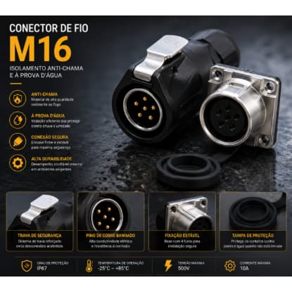 Conector de Fio Rápido Fácil - M16 - Isolamento Anti-Chamas/A prova d'água- 6Pinos/ Parafuso Fiação