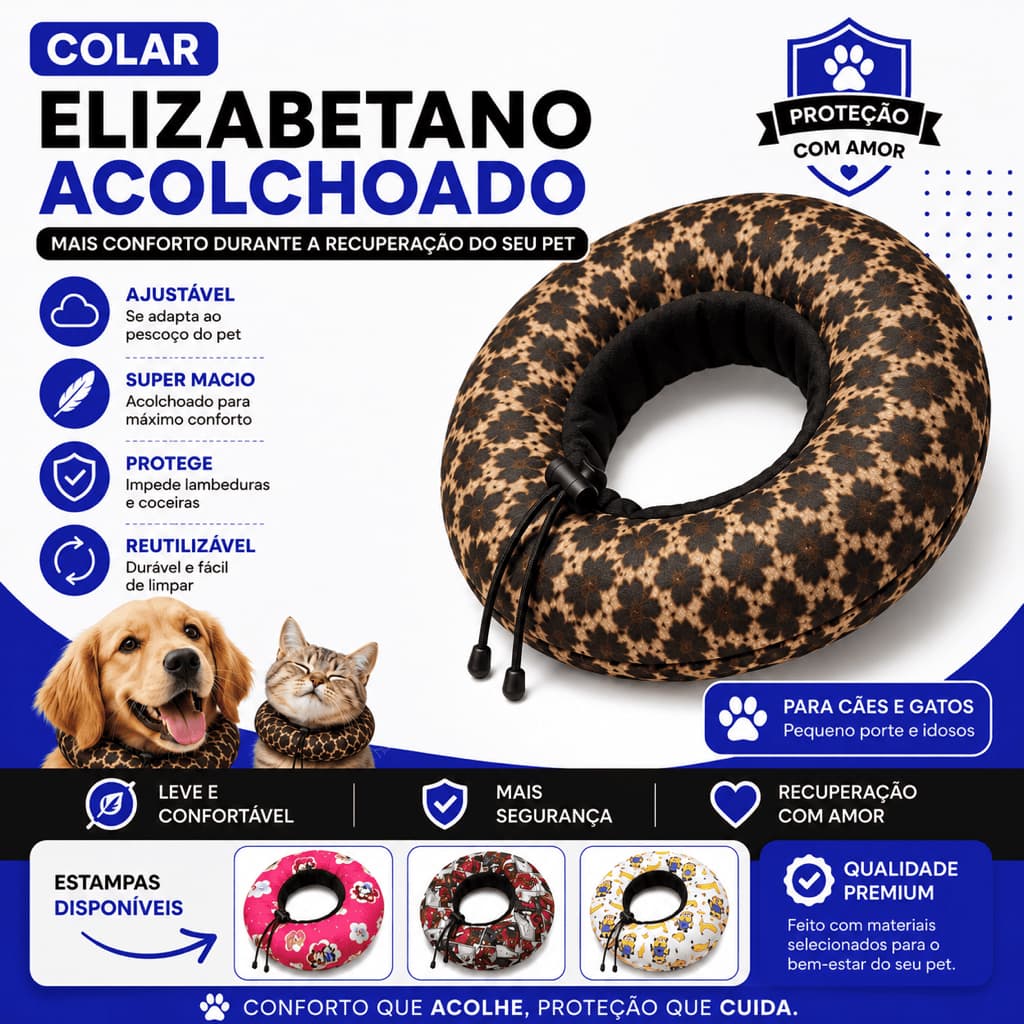 Cone Pós Cirúrgico Para Pets Colar Elizabetano Acolchoado Regulável Cães Gatos Fofinho