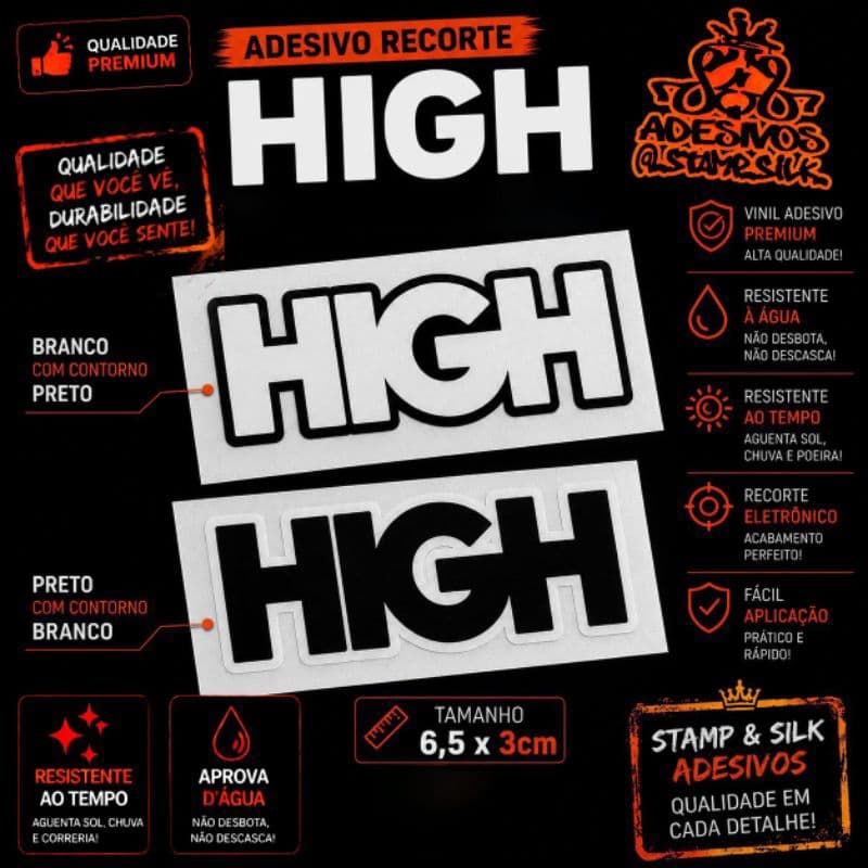 🔥 Adesivo HIGH À Prova D'Água 6,5x3cm Vinil Recorte Eletrônico PREMIUM