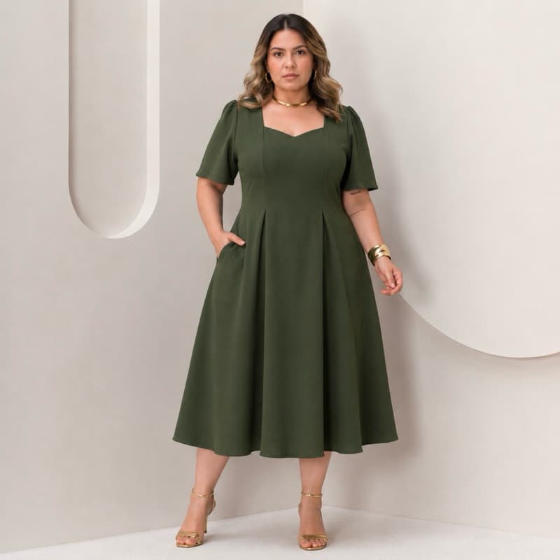 Vestido Midi Moda Cristã Tecido Duna Exclusivo Manguinha Moda Modesta  Bolso Saia Rodada Evasê Feminino Cristão Casual
