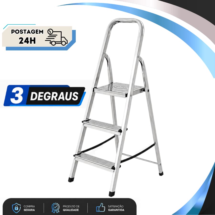 Escada de Alumínio 3 Degraus Reforçada Resistente