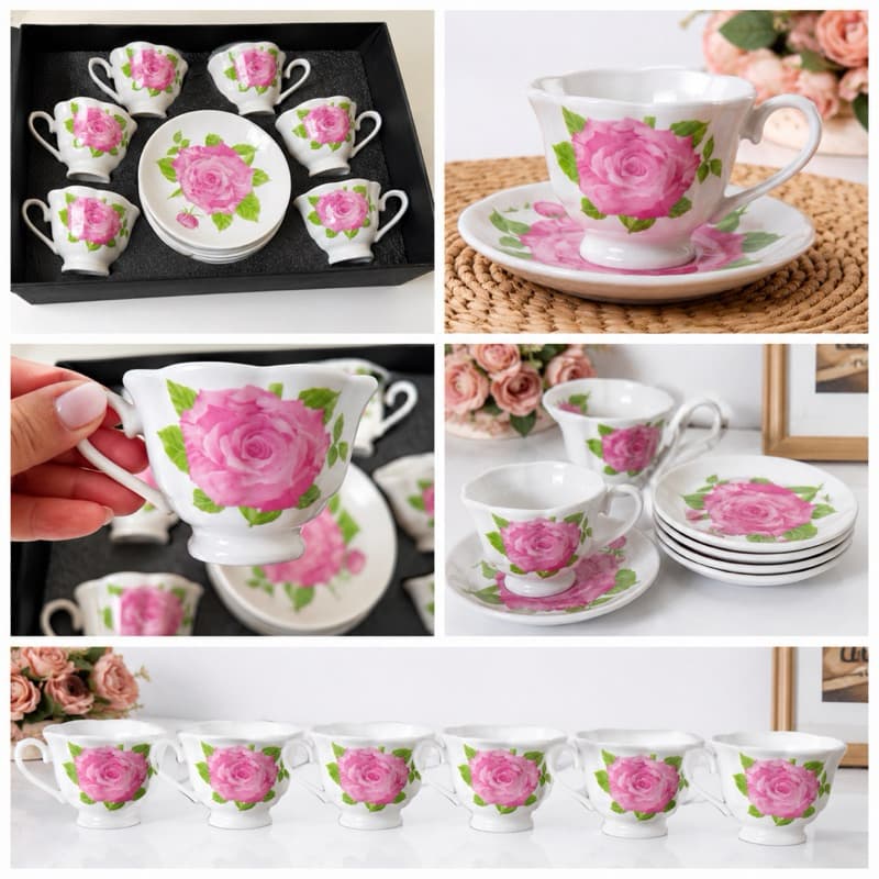 Jogo de Xícaras para Café em Porcelana Floral – 6 Xícaras com 6 Pires 90ml