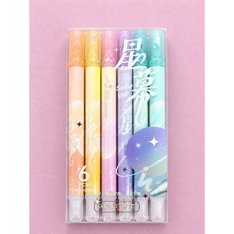 Kit Marca Texto Glitter Apagável 6 Cores Dupla Ponta Highlighter Escolar Planner Lettering