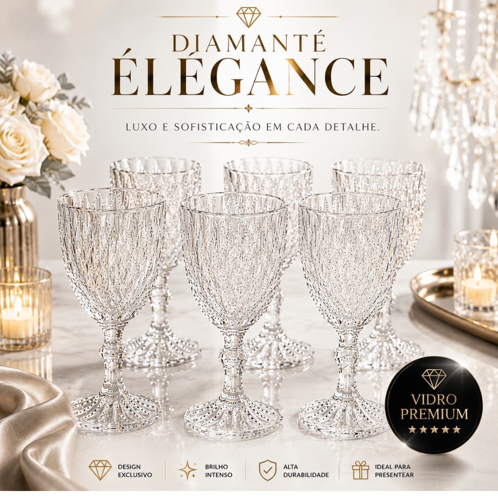 Jogo 6 Taças Vidro Bico de Jaca 340ml Diamanté Élégance Taça Transparente Luxo Mesa Posta