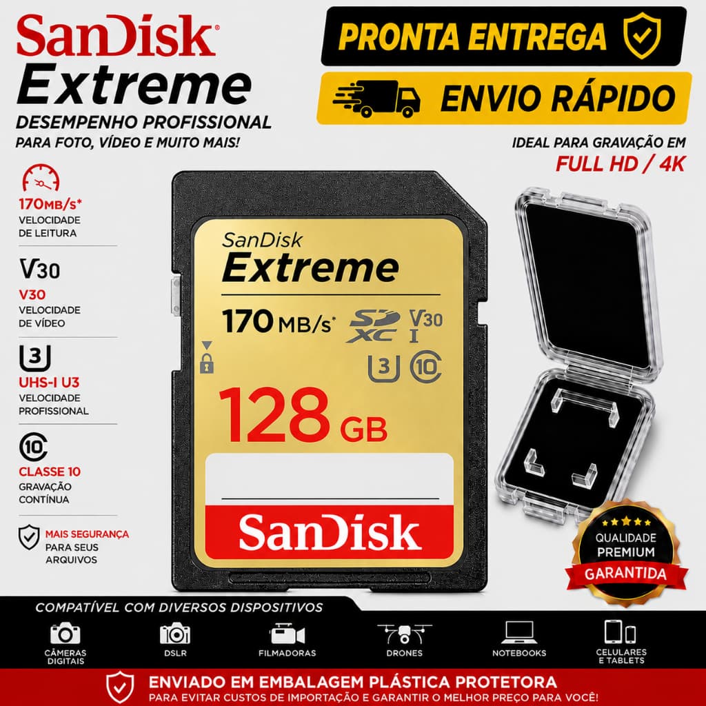 Cartão de Memória SD SanDisk Extreme 32GB 64GB 128GB SDXC UHS-I U3 V30 170MB/s C10 4K UHD Full HD