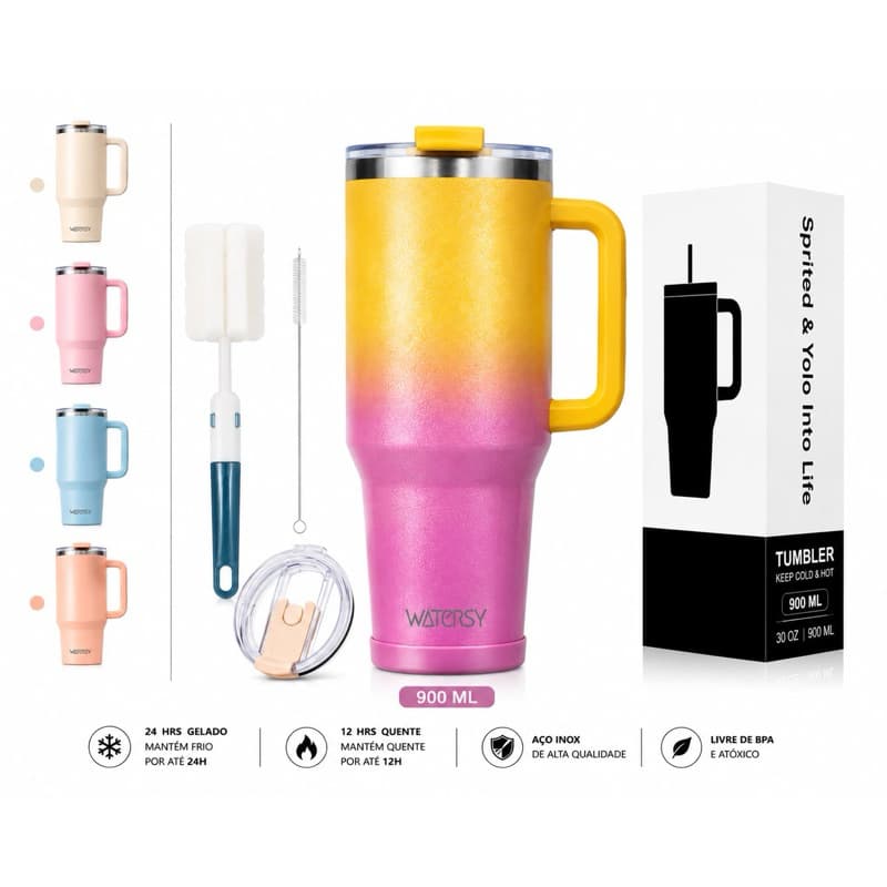 WATERSY Copo de Inox com Palha 891ml-Ideal para Carro, Academia e Acampamento, Envio Rápido SP