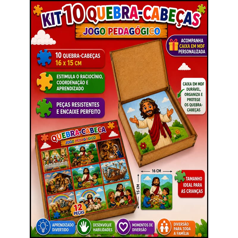 Kit 10 Quebra-cabeça Biblico 12 Peças Feito em Madeira MDF