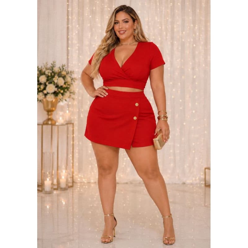 Conjunto Plus Size Cropped com manga e Short Saia 44/46 Malha Crepe