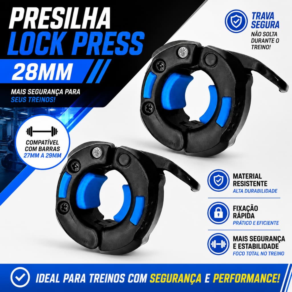Par Presilhas Lock Press Barra de 28mm Academia Musculação Fitness Halter Oca Grampo Roscada Cross