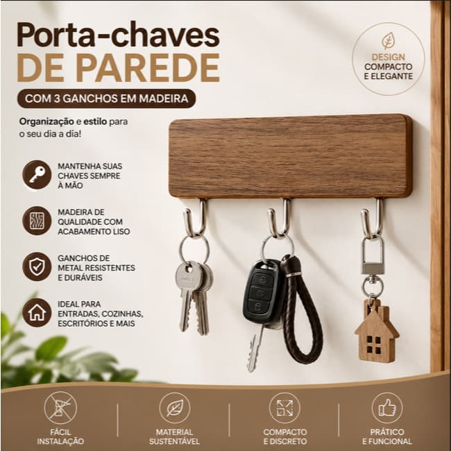 Porta-Chaves de Parede em Madeira com 3 Ganchos Metálicos | Organizador Decorativo para Entrada