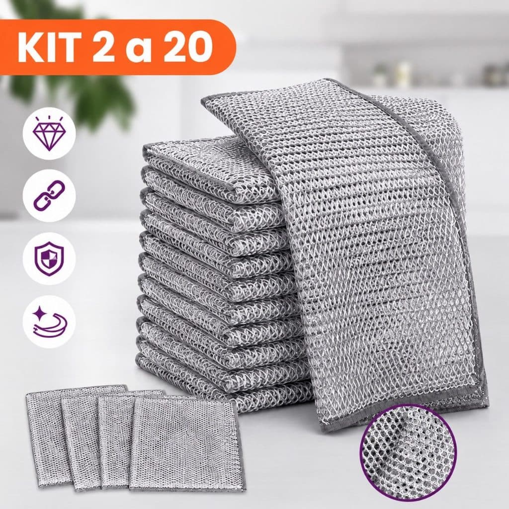 Kit Pano de Lavar Louça em Aço Inoxidável Reutilizável Anti Gordura Limpeza Pesada Cozinha