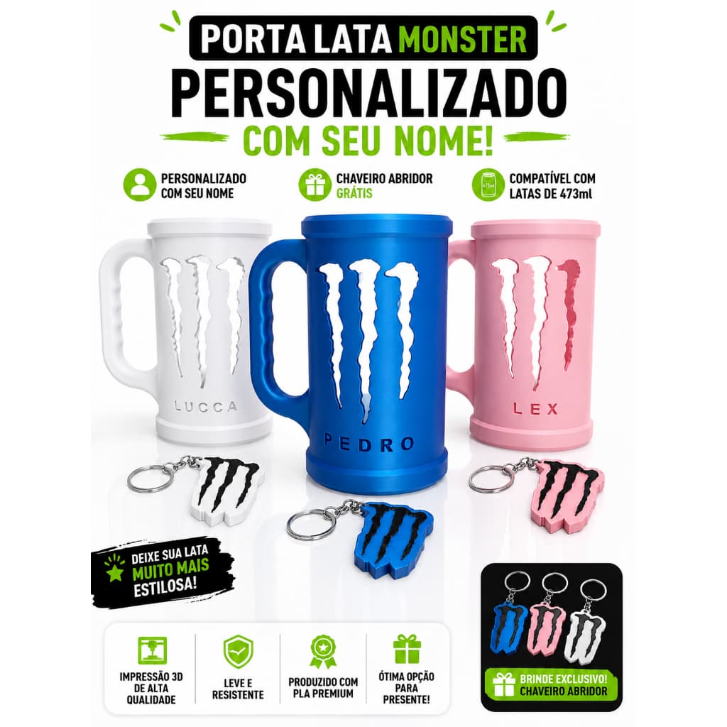 Porta Lata Monster 473ml Personalizado com Nome | Brinde Chaveiro Abridor