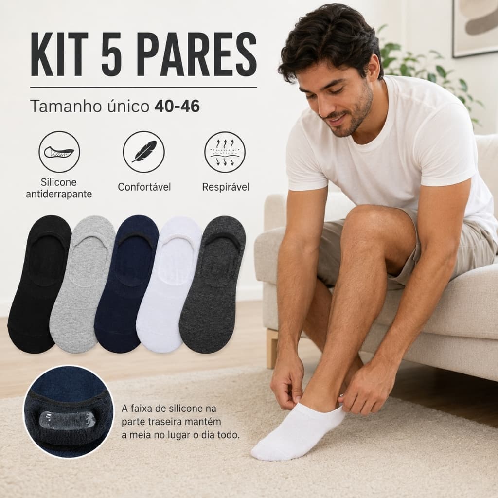 Kit 6 Pares Meia Invisível Masculina Com Silicone Antiderrapante 40-46