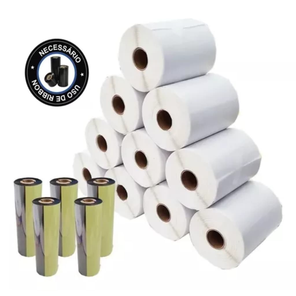 Kit 10 Rolos Etiqueta 10x5 Cm | 100x50 Mm + 5 Ribbons Cera