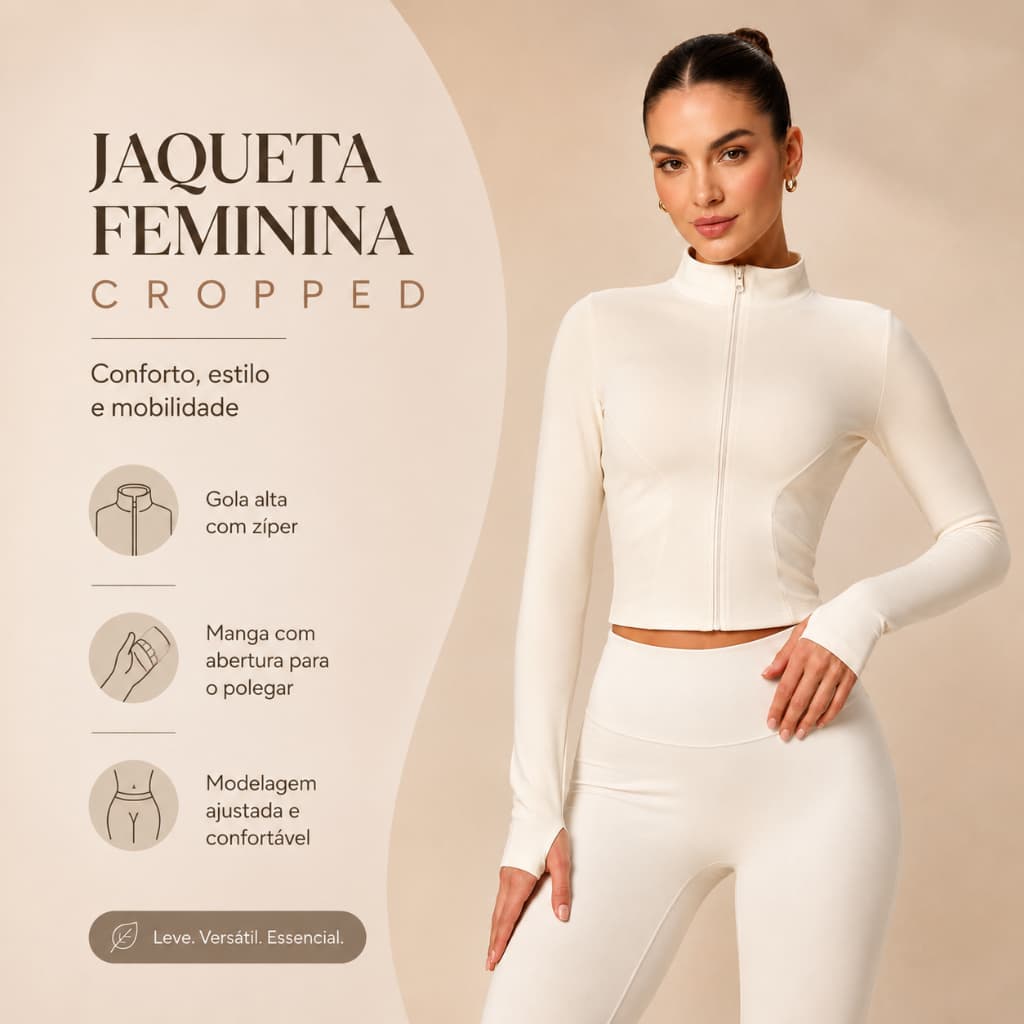 Jaqueta Fitness Feminina Manga Longa com Zíper, Bolso e Abertura para Polegar | Academia