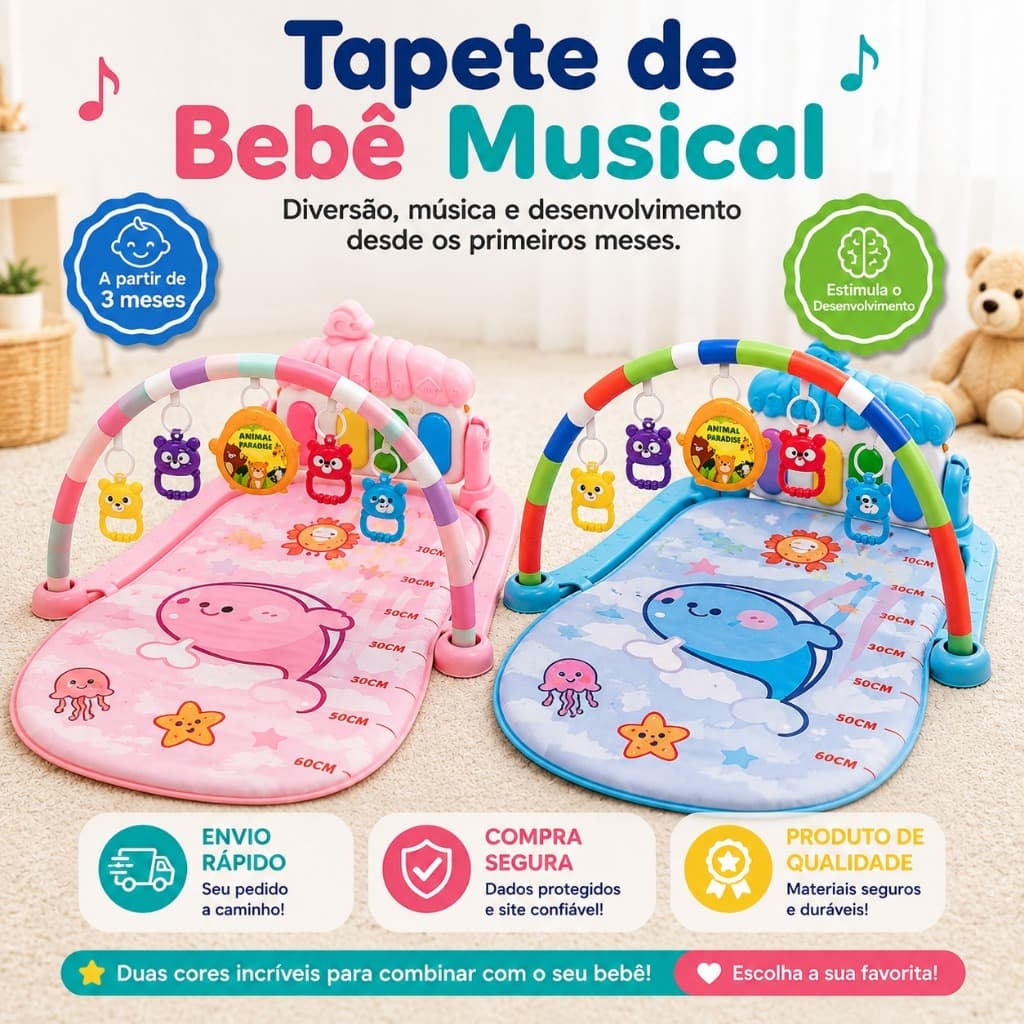 Tapete de Bebê Musical com Atividade infantil Piano Interativo 5 Brinquedos 3 Meses+ (Azul ou Rosa)