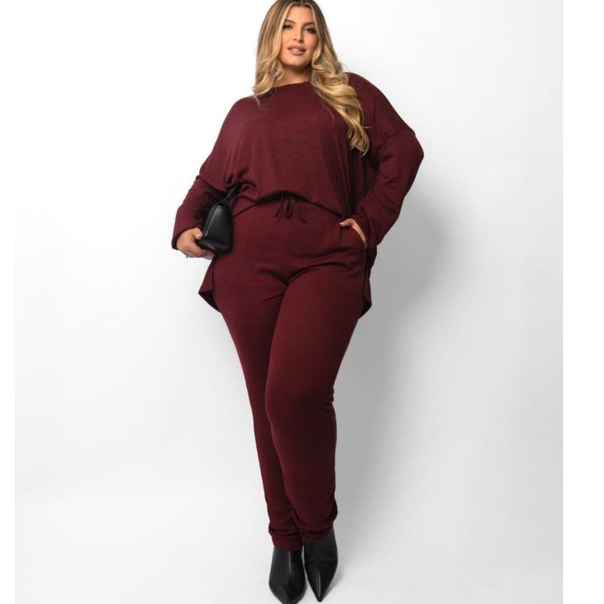 Conjunto Feminino Malha Tricot Longo Plus Size Moda Inverno Manga Longa Blusa E Calça Casual