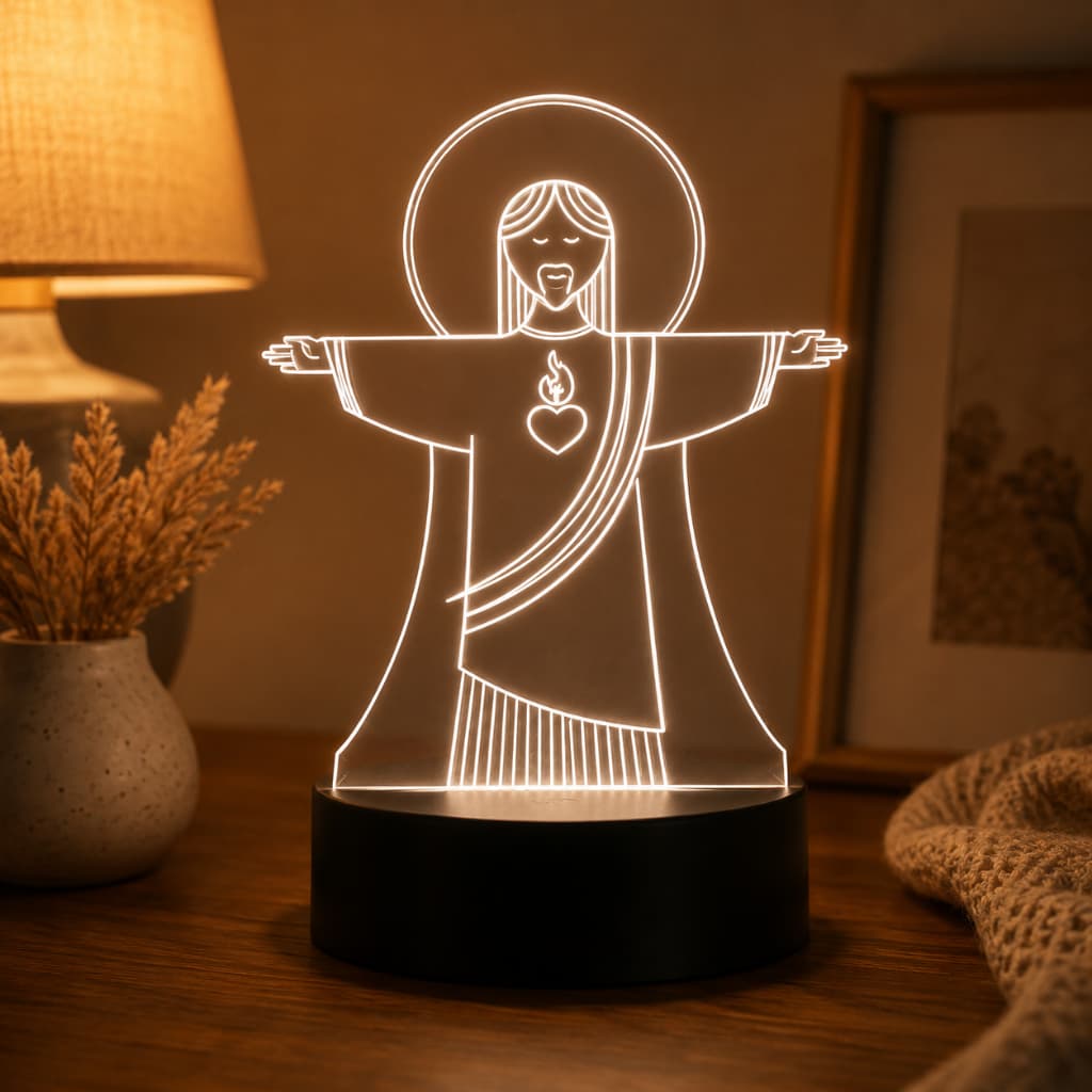 Luminária LED 3D Sagrado Coração de Jesus – Abajur Religioso Decorativo com Luz Suave para Quarto Sala e Presente
