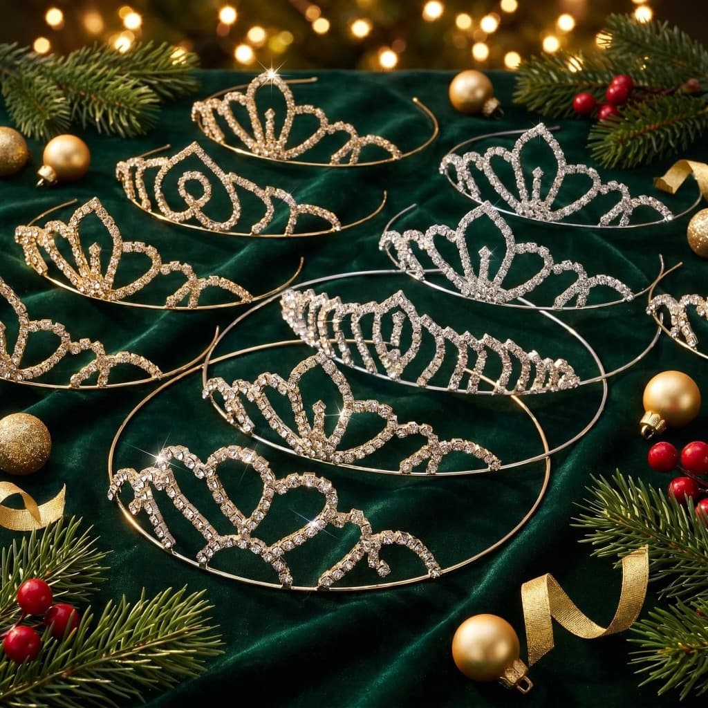Kit 5 Tiara Natal Festas Fim de Ano Strass Presente Menina Princesa Dourado
