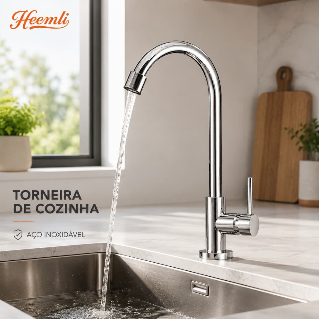 Heemli Torneira de Cozinha Inox para Pia de Bancada Bica Alta Giratória 360° com Arejador