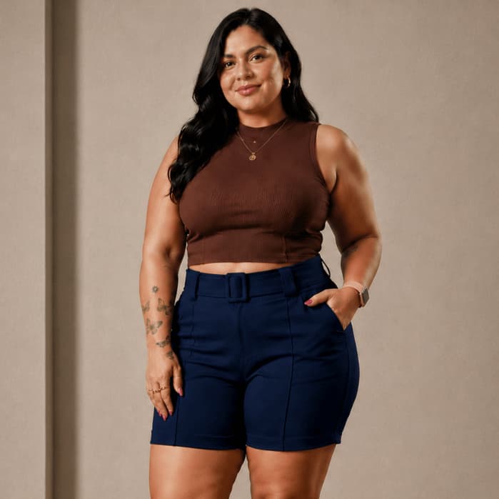 Short Plus Size Feminino Bengaline Social Com Cinto Fivela Alfaiataria Cintura Alta 42 ao 52