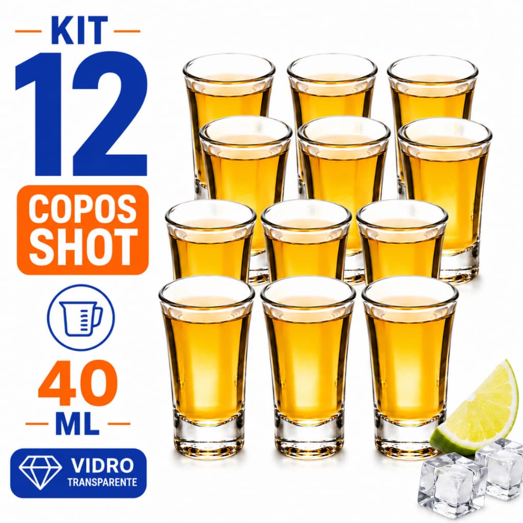 Kit 12 Copos Shot De Vidro Transparente 40ml Para Tequila Vodka Cachaça Licor Drinks E Festas