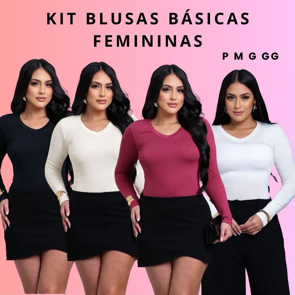 Kit 4 Peças Gola V Manga Longa Viscolaycra Meia Estação Lisa e funcionalidade conforto P M G GG.