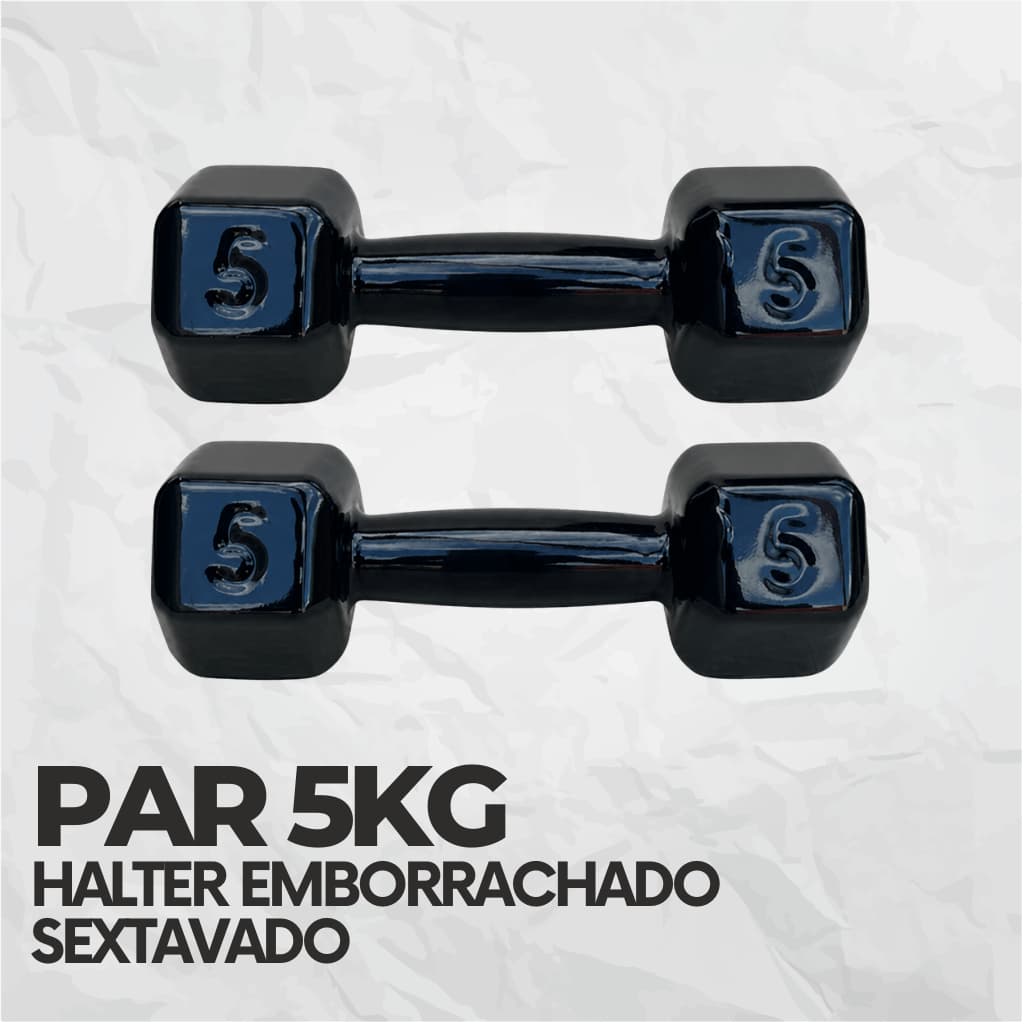 Par Halter Sextavado Emborrachado 5kg  Peso de Academia Musculação  Treino Em Casa